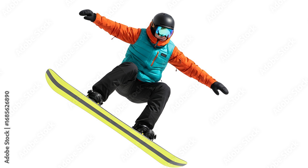 Obraz premium A snowboarder in mid-air performing a trick against a white background, showcasing winter sports and outdoor adventure