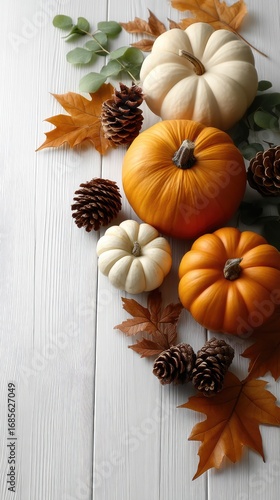 Wallpaper Mural Decorative pumpkins in various colors are set among pinecones and autumn leaves on a rustic wooden table, celebrating the season Torontodigital.ca