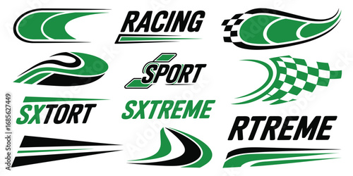 Racing Sport Stripes and Flame Decals Vector Set – Includes Extreme Sports Flags, Car and Motorbike Stickers, and High-Speed Graphic Elements for Custom Vehicle Design