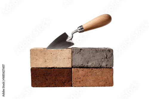 A trowel poised over a section of four differently-toned bricks. 