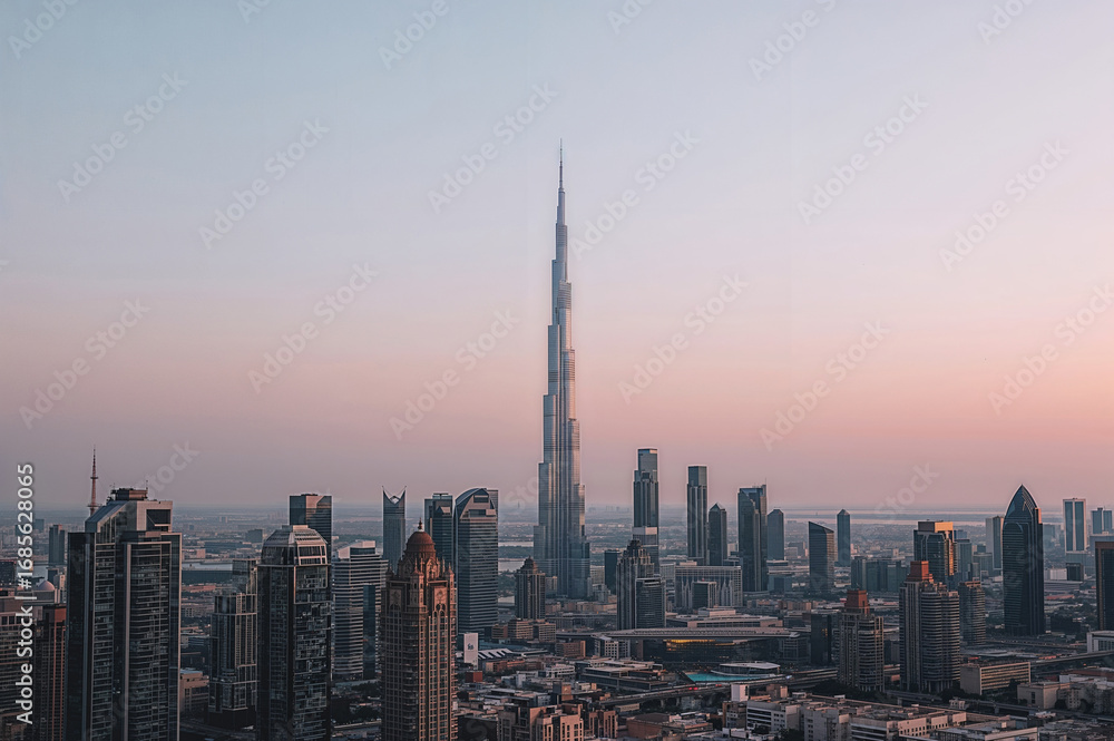 Naklejka premium Panoramic modern city skyline at dusk with a prominent tall skyscraper
