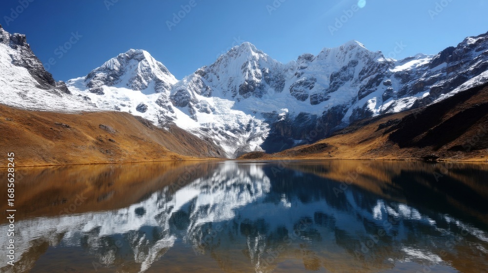 Obraz premium Breathtaking snowy mountains reflected in a still alpine lake, sharp peaks with thick ice, golden-brown hillsides,