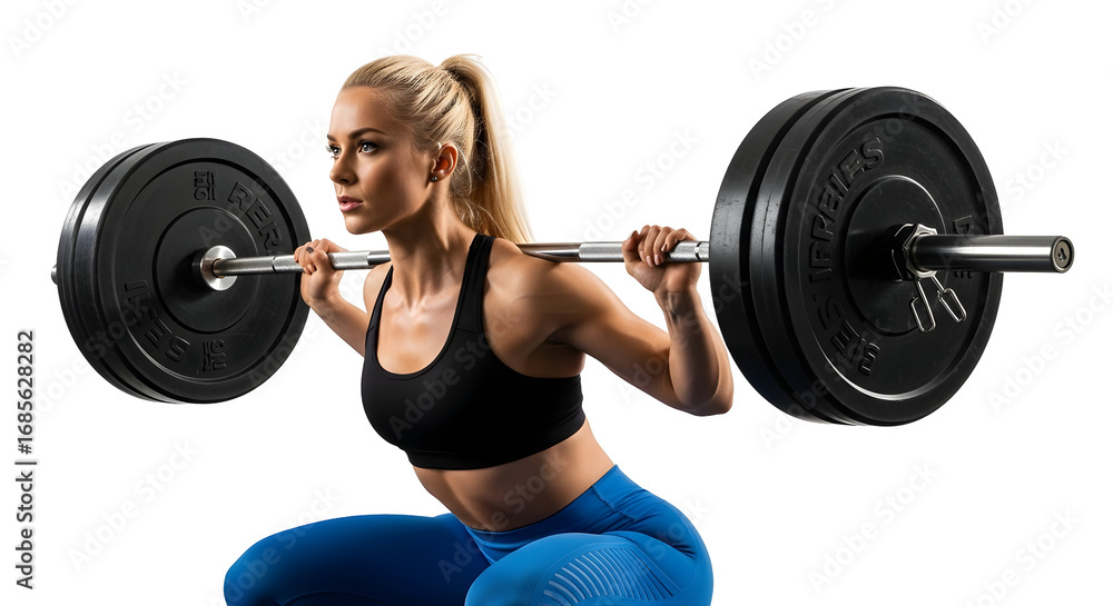 Obraz premium Fit woman lifting heavy barbell during weight training workout on a white background