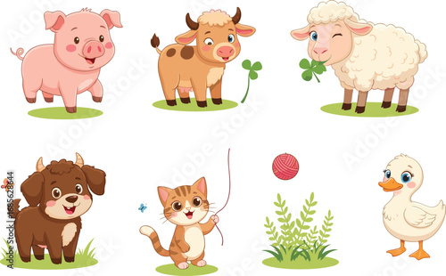 Cute farm animals illustration, happy pig, playful cow, winking sheep, cheerful goat, adorable cat with yarn, and sweet duckling cartoon.