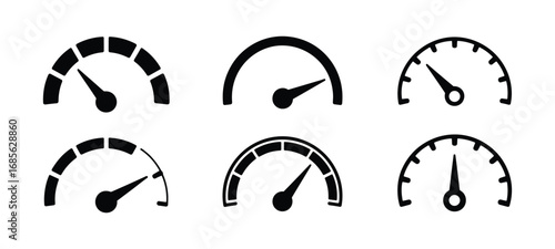 Six Speedometer Gauges With Different Needle Positions On White Keywords: speedometer, gauge, meter, speed, indicator, dial