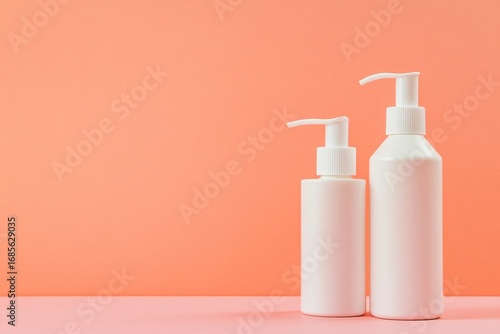 Blank plastic pump bottles for cosmetic lotion and moisturizer on peach background, modern skin care and hygiene product packaging concept.