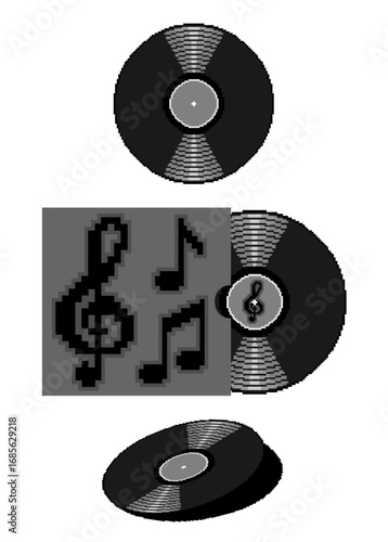 Pixel art of vinyl records and music notes, representing retro sound, classic music style, and vintage analog audio culture.