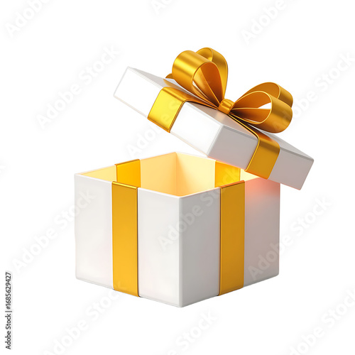 Open white gift box with golden ribbon and bow isolated on transparent background
