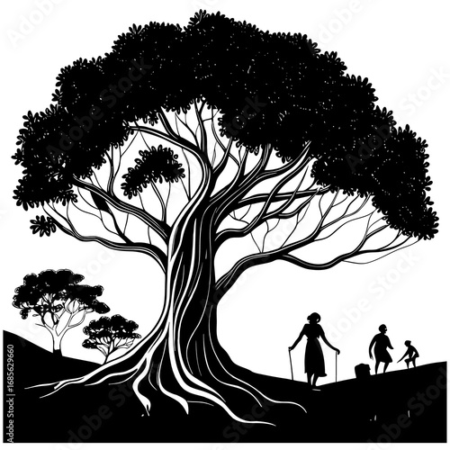 A girl's silhouette stands against a vibrant spring sky, walking with her dog beneath a large tree in the park