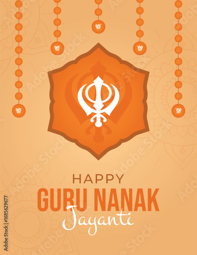 Happy Guru Nanak Jayanti Post and Greeting Card. Celebrating Birthday of Guru Nanak. Banner with Khanda Symbol and Festive Decorations. Vector Illustration