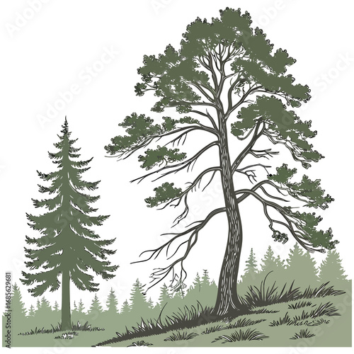 A vibrant vector illustration of a set of evergreen trees, perfect for a winter or Christmas holiday design