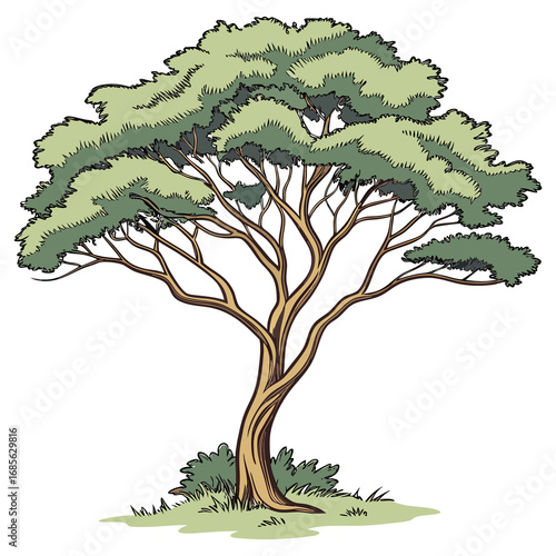 Vector illustration of a green tree with a branch and leaves symbolizing nature, spring, and the environment