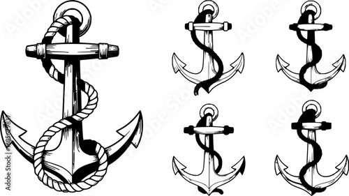 vintage black and white engraved anchor drawings, one with a rope around it.