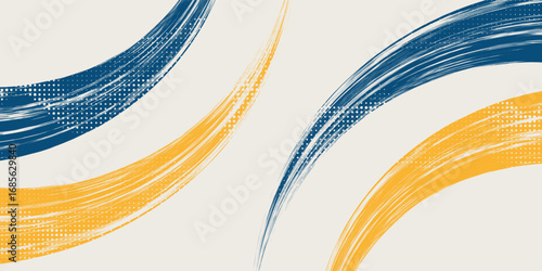 Abstract Sports Background with Dark Blue and Yellow Gradient Brushstrokes and Halftone Effect.