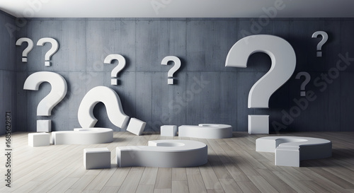 Plakat Conceptual image featuring multiple question marks in a modern minimalist setting