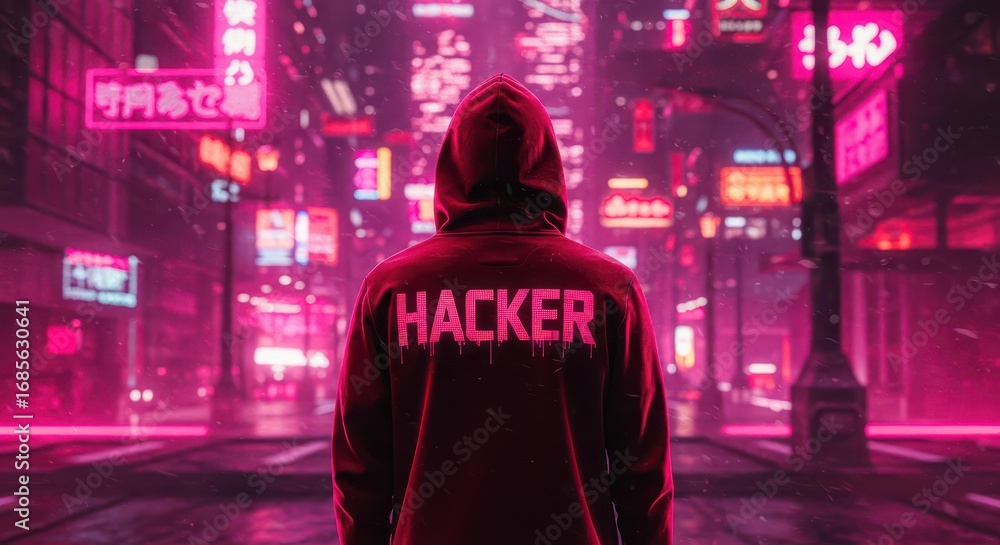 Fototapeta premium Cyberpunk Enigma: A hooded figure stands in a neon-lit urban landscape, the word HACKER emblazoned on their back. The city's digital glow creates an atmosphere of mystery and intrigue.