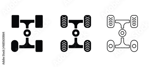 Three Styles of Vehicle Chassis Icons with Wheels on White Background axle