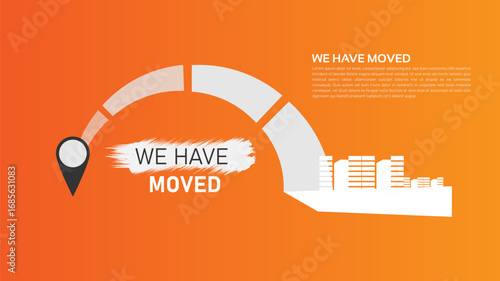 We Have Moved. Office poster Vector Illustration, Advertising banne  with City Map Navigation Pointers Location Pin and Background Design Template for Business Relocation and Address Change Announceme