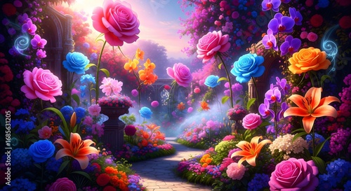 Fototapeta Naklejka Na Ścianę i Meble -  Enchanting fantasy garden path lined with vibrant glowing roses and exotic flowers under soft sunlight