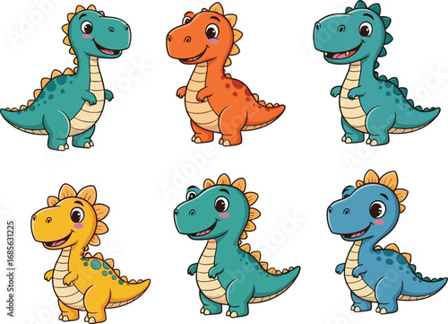 Cute cartoon dinosaurs for kids, colorful baby dino characters, smiling reptiles, vector prehistoric animals, children illustration, funny dinosaur artwork.
