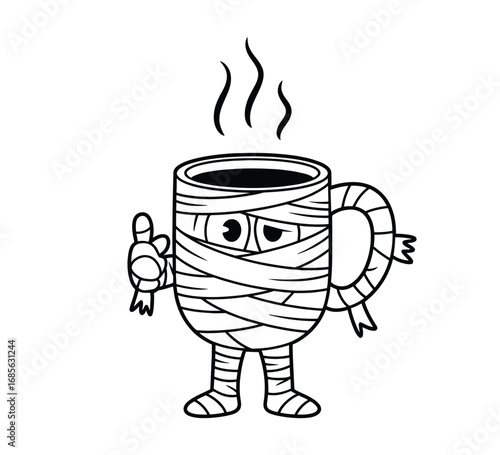 Cartoon mummy coffee mug wrapped in bandages vector illustration isolated on white background