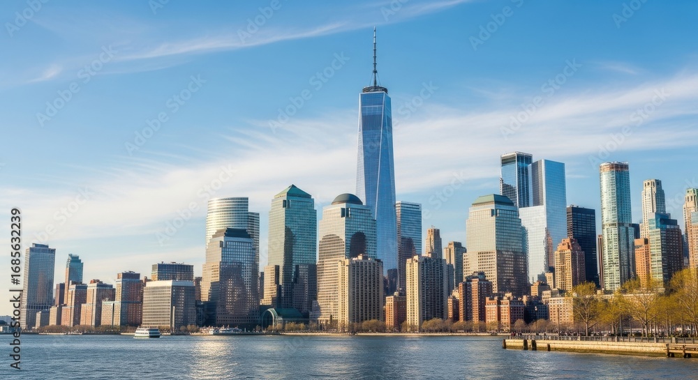 Fototapeta premium New York City skyline view with skyscrapers under the blue sky scenic landscape
