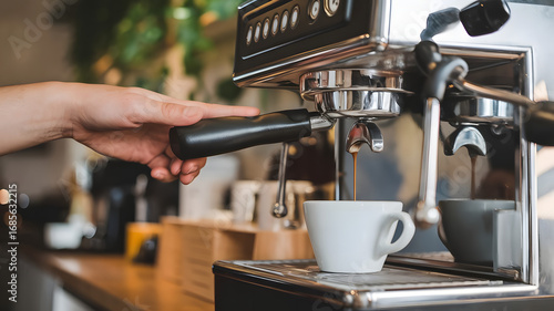 A close-up shot of a barista's hand pressing the button on an espresso machine.