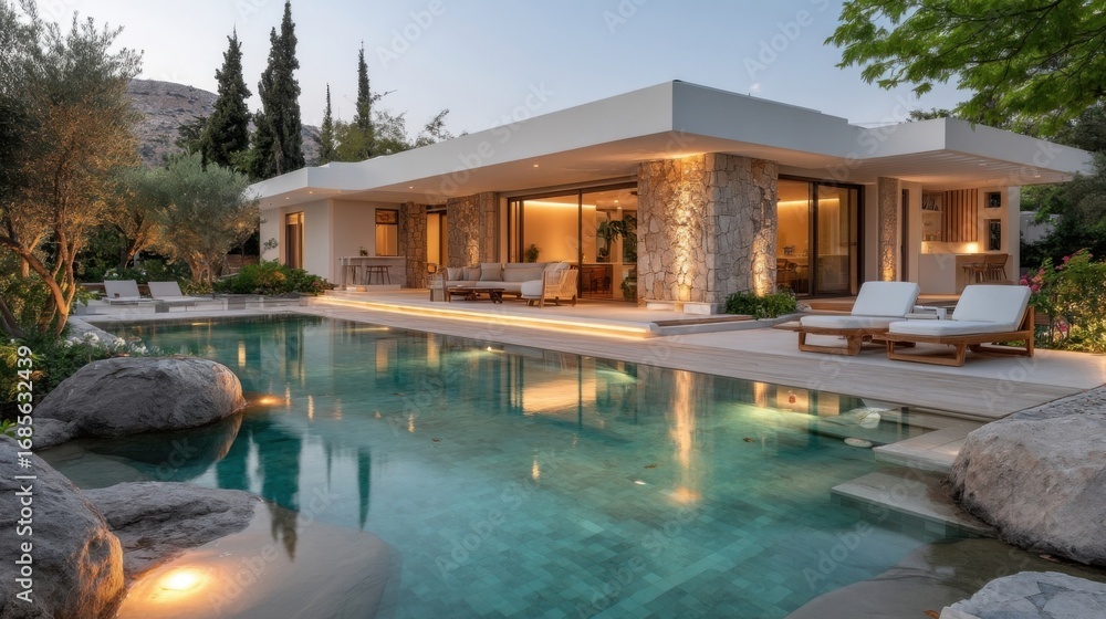 Fototapeta premium A modern luxury residence with large glass windows, stone elements,