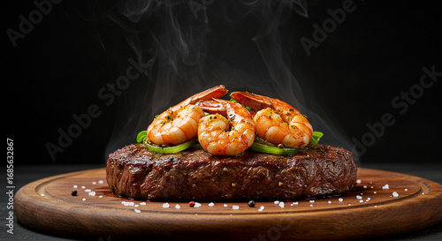 A premium cut of sizzling grilled steak, perfectly cooked, adorned with succulent shrimp and fresh seasoning, ready to be savored