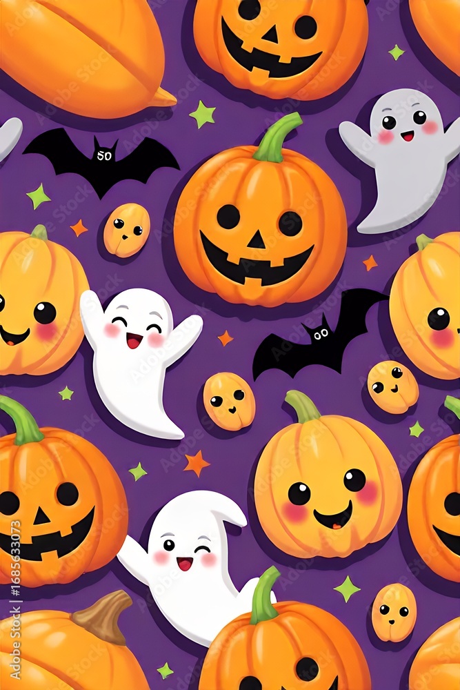 Naklejka premium ** Cute Halloween Seamless Pattern with Pumpkins and Ghosts