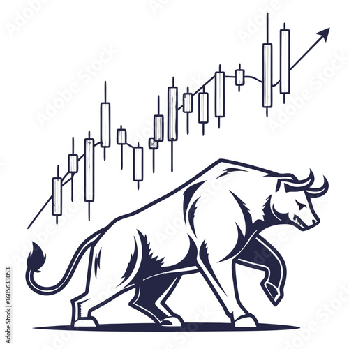 Powerful bull strides confidently with rising stock chart, symbolizing financial strength and market growth
