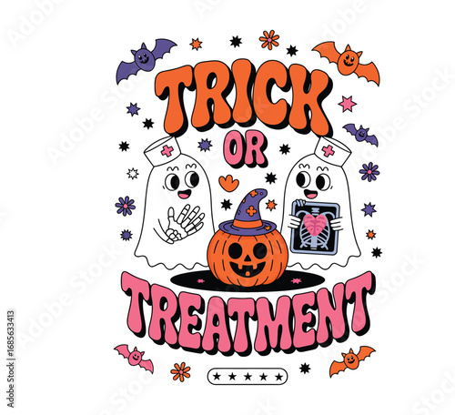 Cute Halloween illustration with ghosts in nurse caps and pumpkin showcasing trick-or-treatment theme