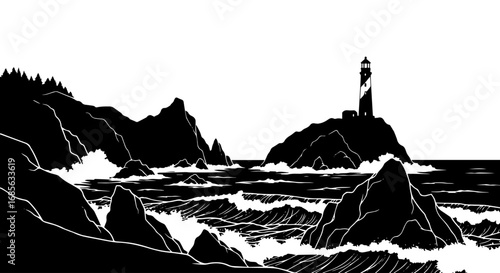 Rocky coast with ocean waves and lighthouse, black vector landscape illustration isolated on transparent or white background.