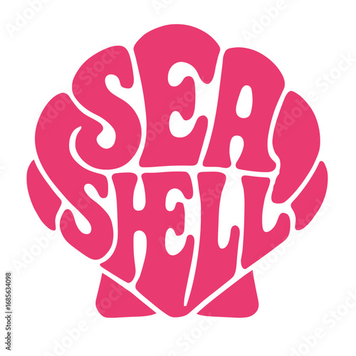Large pink seashell illustration with text "SEA SHELL" design  