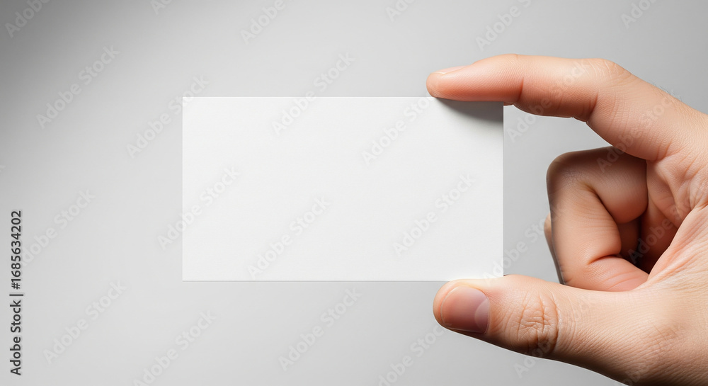 Fototapeta premium A hand holding a blank white rectangular card, ready for custom text or design, against a simple light background.