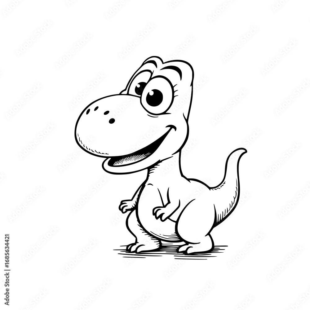 Obraz premium An adorable and charming cartoon Tyrannosaurus Rex smiles with joy, brought to life through a detailed and artistic black and white illustration.