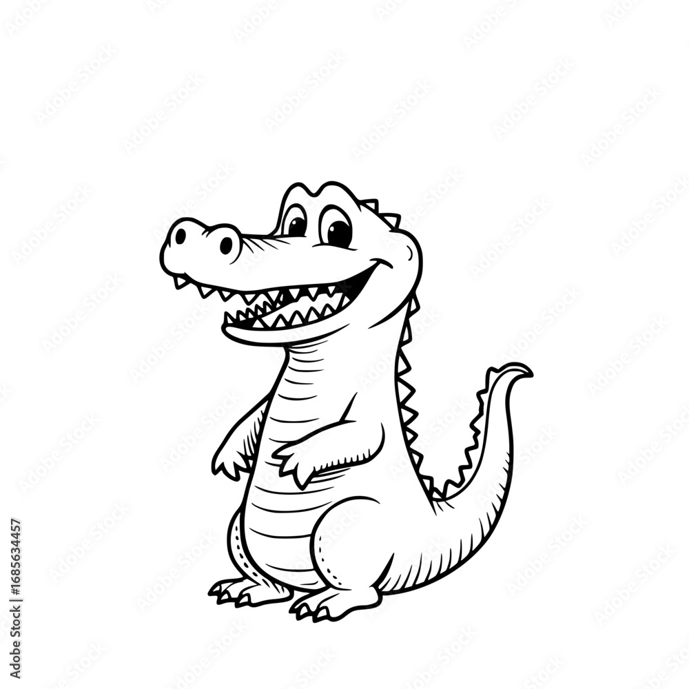 Obraz premium A cheerful cartoon alligator smiles, displaying an inviting smile and friendly attitude. It stands tall, exuding playful charm and gentle features.