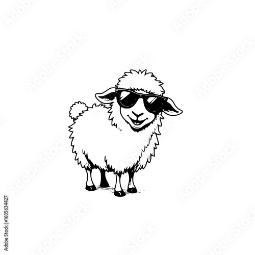 A cool sheep wears sunglasses, a unique illustrative design for any creative project. Perfect for adding a touch of humor, fun and individuality to any designs or themes.