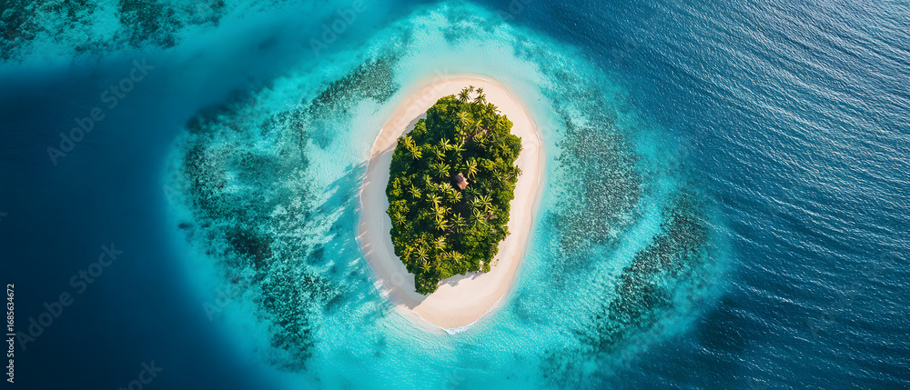 Fototapeta premium Aerial View of Tropical Island Paradise with Crystal Blue Waters and Lush Greenery