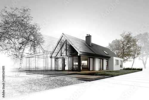 Architectural design of a modern house with sketch overlay.