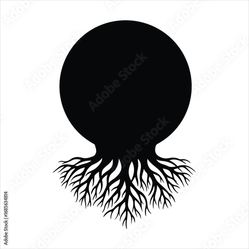 Black silhouette of a globe with intricate roots below symbolizing nature growth and foundation