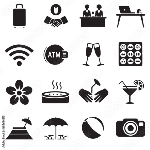 Collection of black and white icons representing travel hotel and leisure activities including luggage handshake meeting table wifi atm champagne spa massage cocktail beach and camera