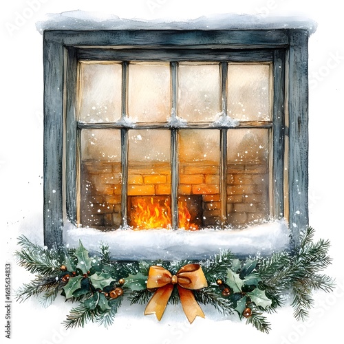 Watercolor Christmas Windows Clipart Collection – Cozy Winter Holiday Scenes with Fireplace, Candles, Garland and Decorated Tree
