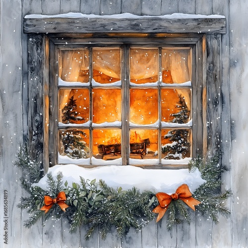 Watercolor Christmas Windows Clipart Collection – Cozy Winter Holiday Scenes with Fireplace, Candles, Garland and Decorated Tree