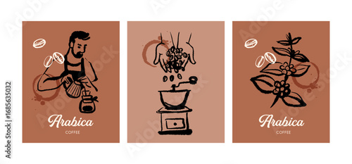Hand drawn vintage coffee shop poster set with barista, coffee mill, beans  and branch. Cafe menu, packaging design. Whimsical sketch vector illustration.