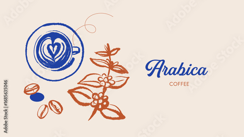 Hand drawn coffee shop poster with cup with latte art heart, coffee plant branch and beans.. Cafe menu, bakery branding, packaging design. Whimsical sketch vector illustration.