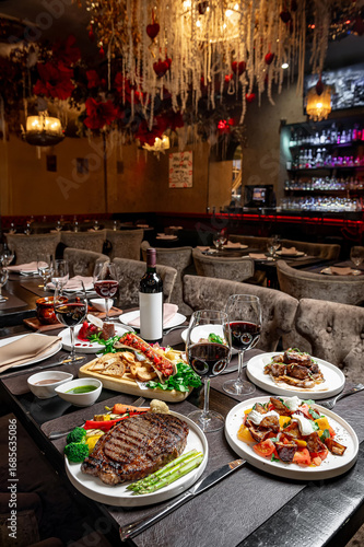 Gourmet romantic dining. Elegant restaurant featuring beautifully plated dishes and fine wine, perfect for a special evening meal.