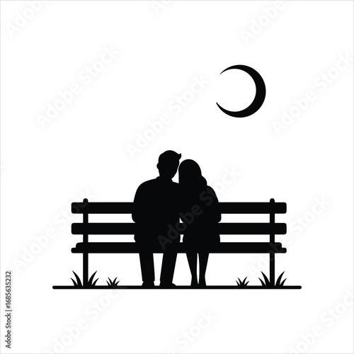 Romantic couple silhouette sitting on bench under crescent moon enchanting night sky serenity