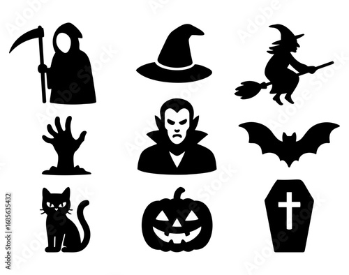 Vector a collection of halloween themed icons including a grim reaper and a vampire