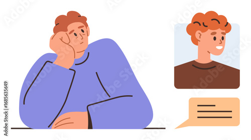 Person resting their head on hand, thinking while communicating virtually with a smiling individual via chat bubble. Ideal for online interaction, remote communication, reflection, connection
